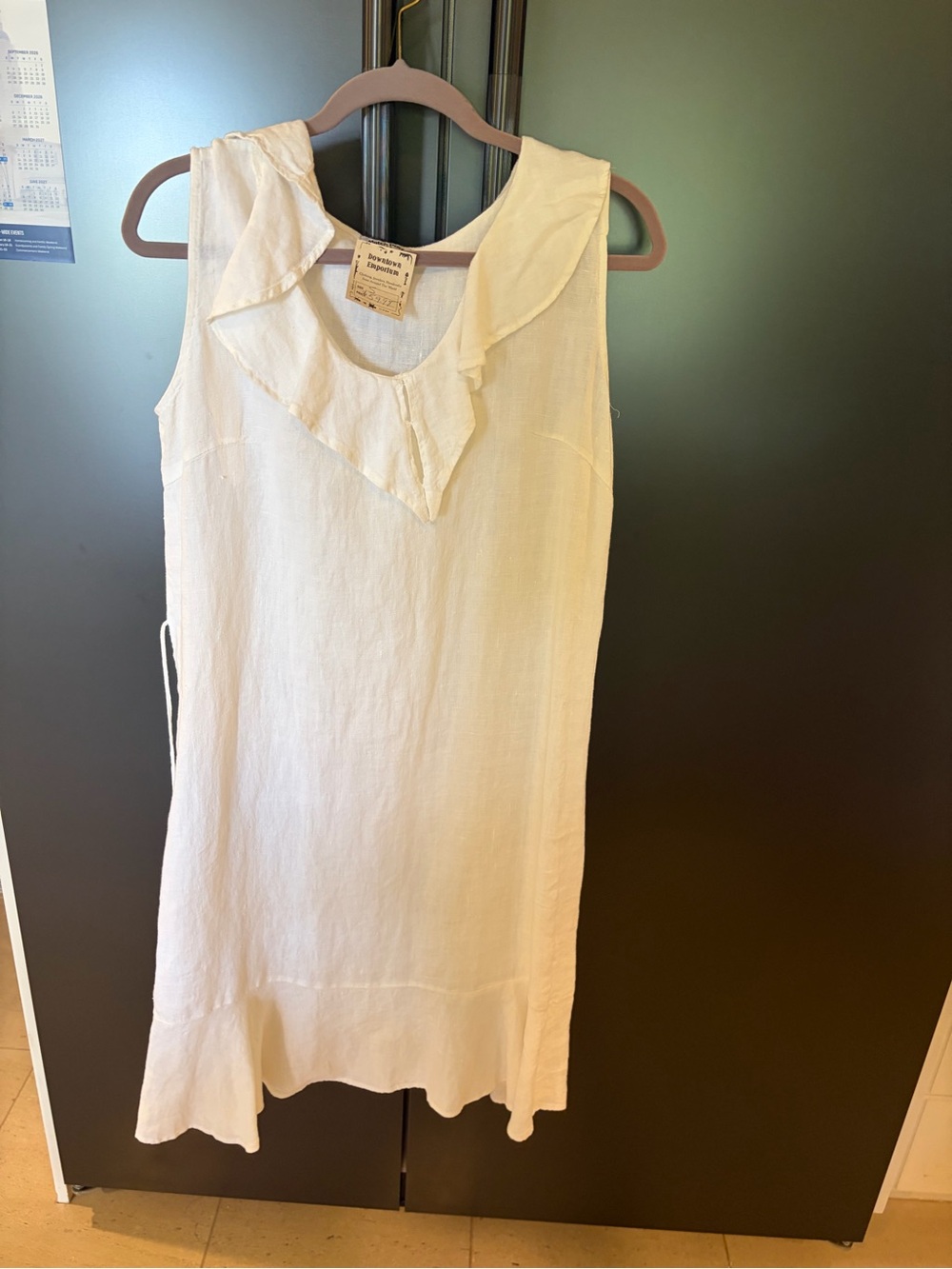 Sleeveless Cream Linen Midi Dress with Ruffle Collar